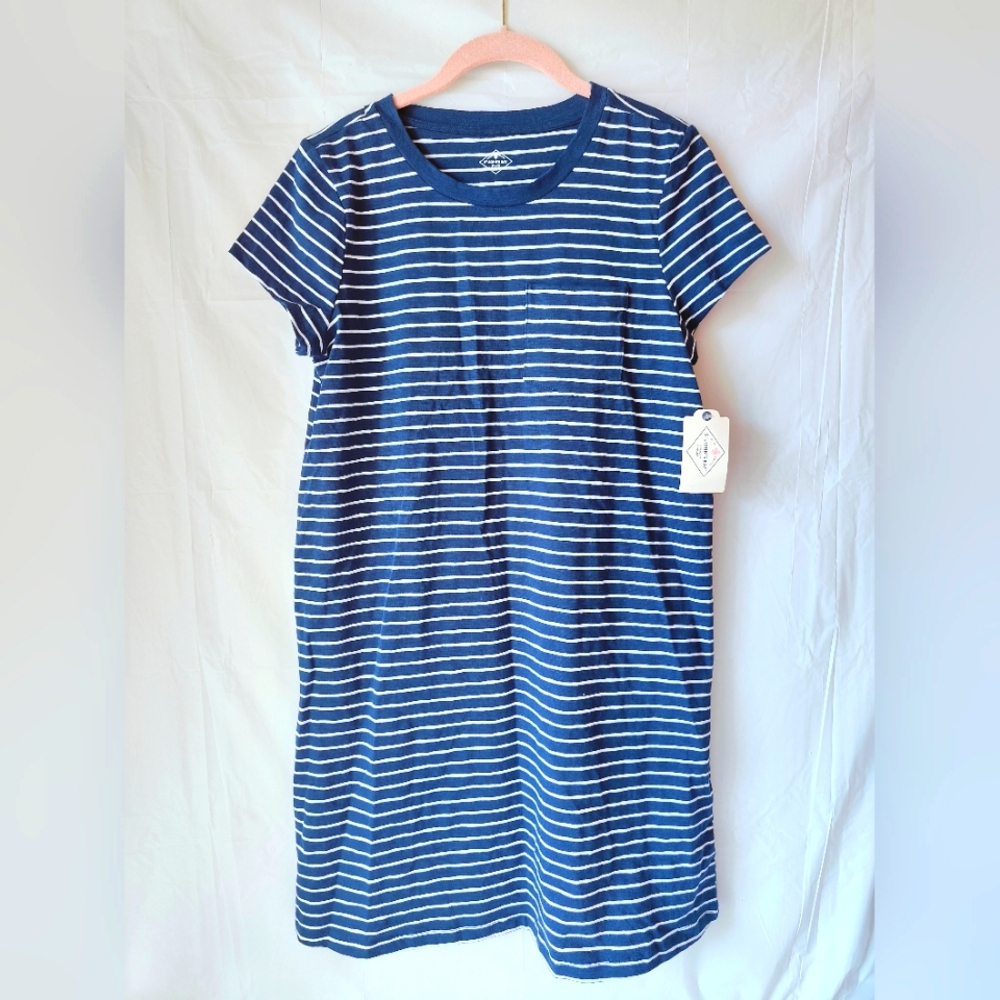 St. John's Bay Short Sleeve T-Shirt Dress With Pocket. Small. Navy White Striped